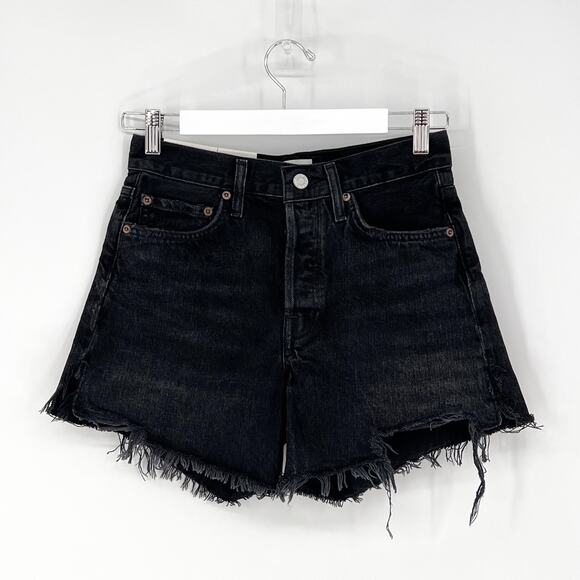 AGOLDE NWT Parker Long Denim Shorts Women’s Size 23 Black Trance Distressed - Picture 2 of 5